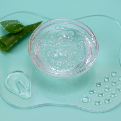 Clear container with aloe vera leaves on a light blue background