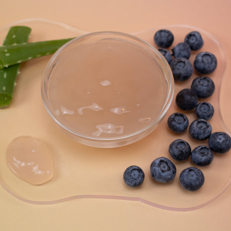 Blueberry Aloe Gel in a bowl with blueberries and aloe vera leaves on a beige background
