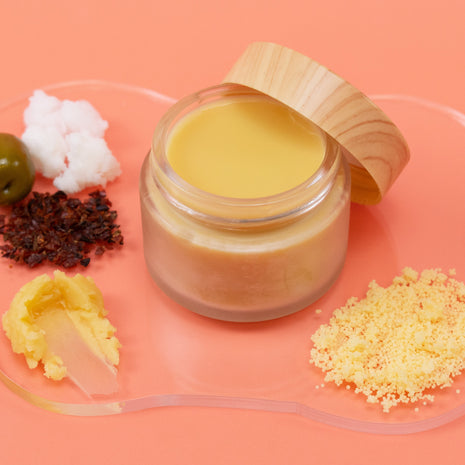 Jar of Vegan Lip Balm with wooden lid on a pink background