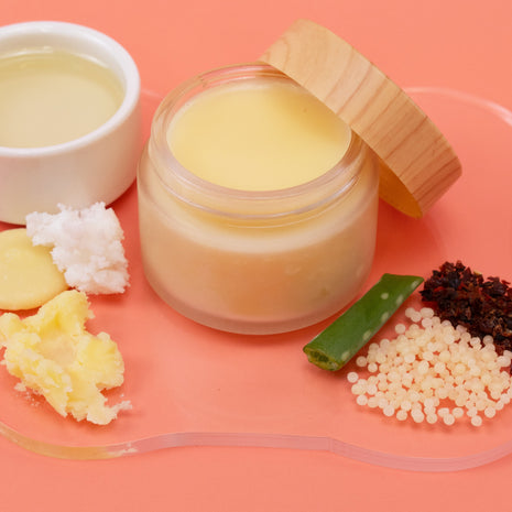 Jar of Lip Balm with a wooden lid on a pink background, surrounded by ingredients like ginger and aloe leaf.