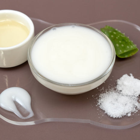 Glass bowl of DMAE & MSM Facial Serum with aloe vera leaf and leaves on a brown background