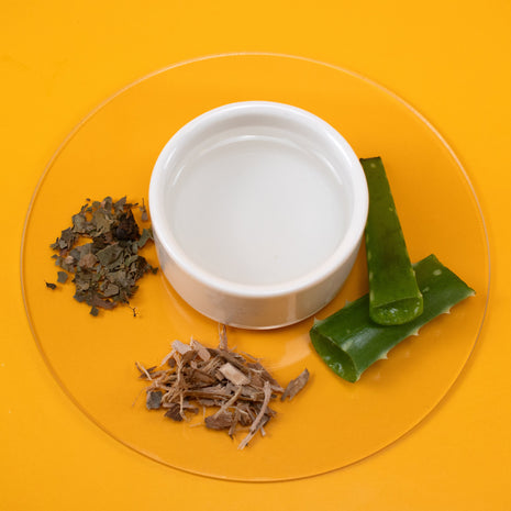 White bowl with Body & Linen Spray and dried herbs and aloe vera on an orange background